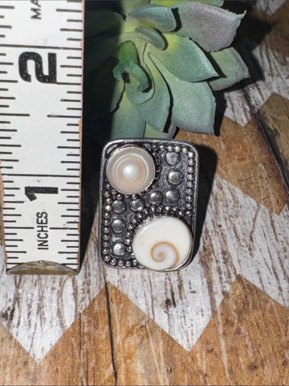 Silver Shell & Pearl Accent Ring